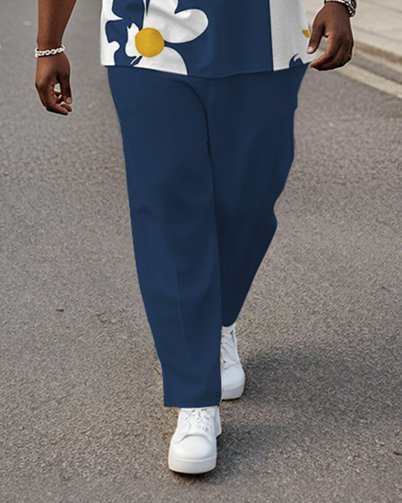 Big & Tall White Blue Colorblock T-Shirt Pants Set for big men view 3
