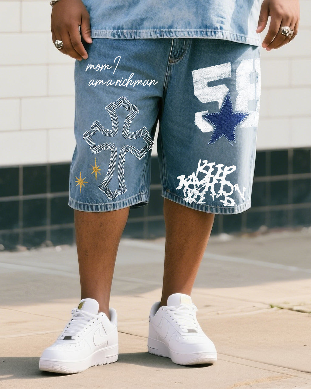 Big & Tall Denim Streetwear T-Shirt Shorts Set for big men view 3