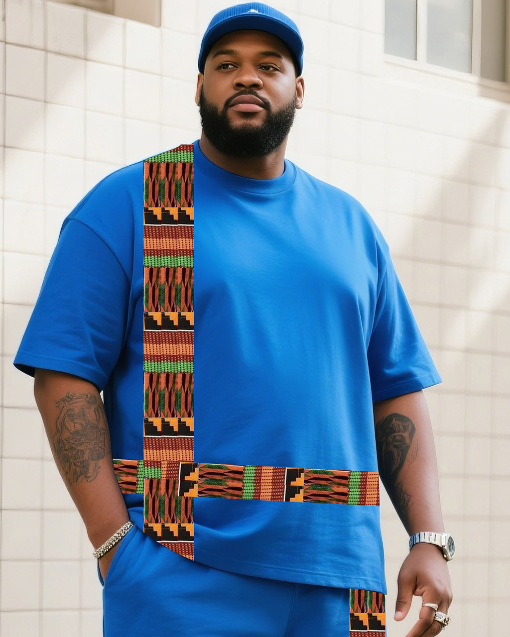 Big & Tall Striped Graphic T-Shirt Shorts Set for big men view 2