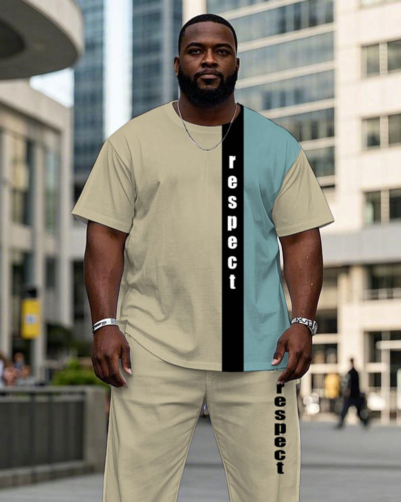 Big & Tall Khaki Blue Streetwear T-Shirt Pants Set for big men view 2