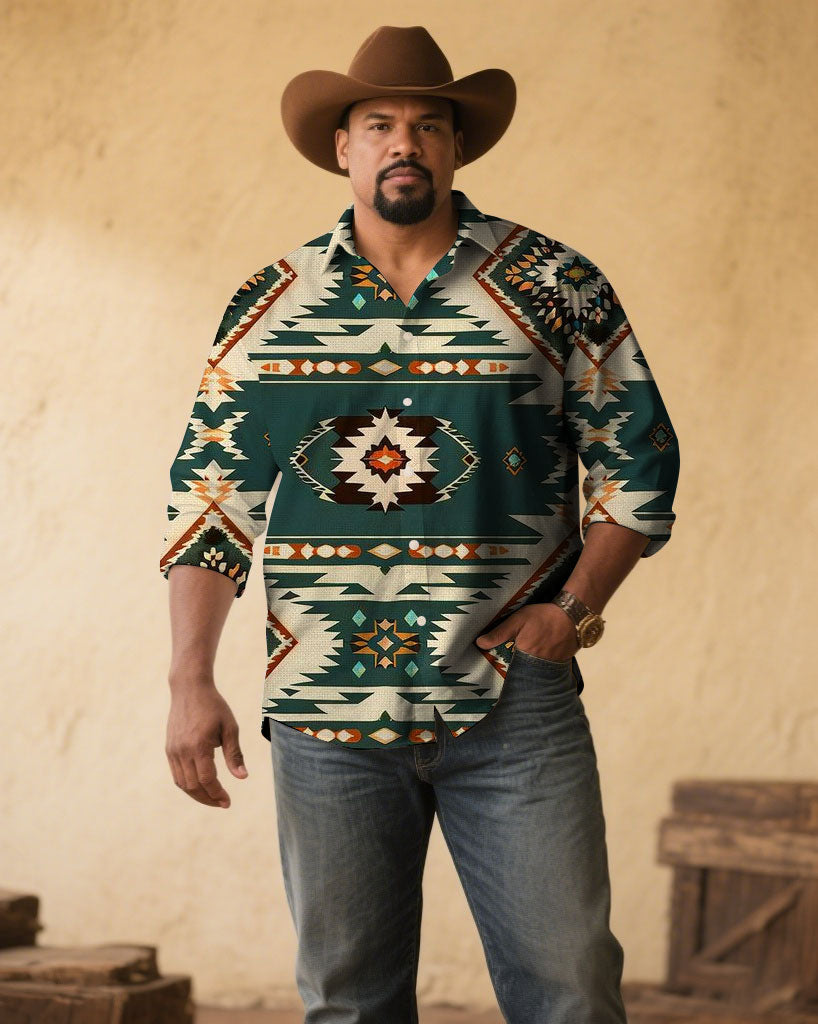 Big & Tall Green Gray Western Long Sleeve Shirt for big men view 1