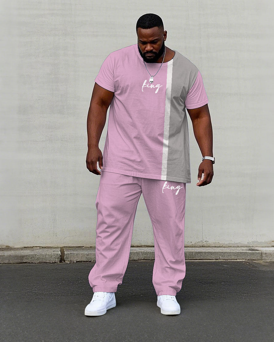 Big & Tall White Blue Colorblock T-Shirt Pants Set for big men view 1