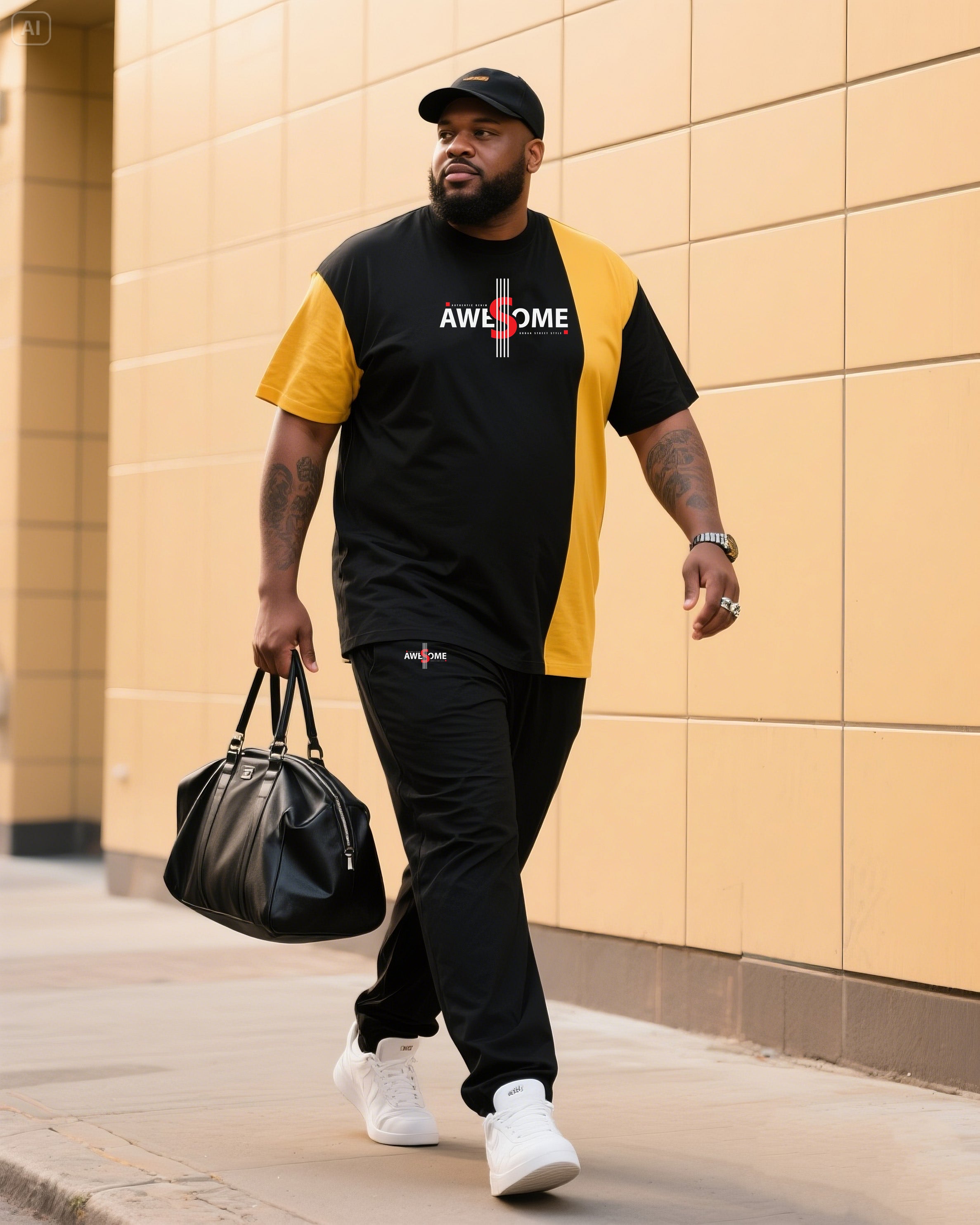 Big & Tall Black Streetwear Two-piece Set for big men view 2
