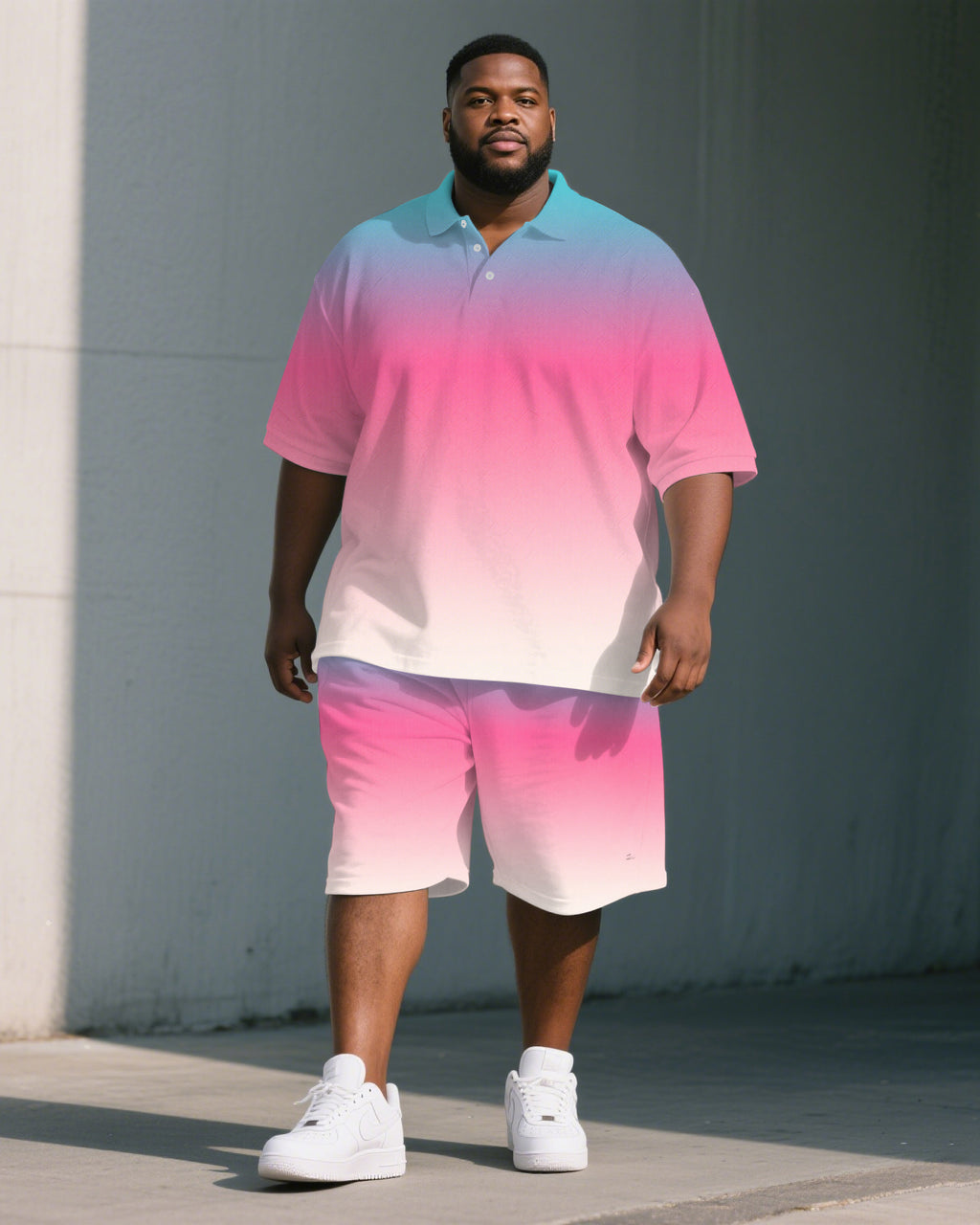 Big & Tall Blue Pink Gradient Polo Shorts Set for big men view 1
