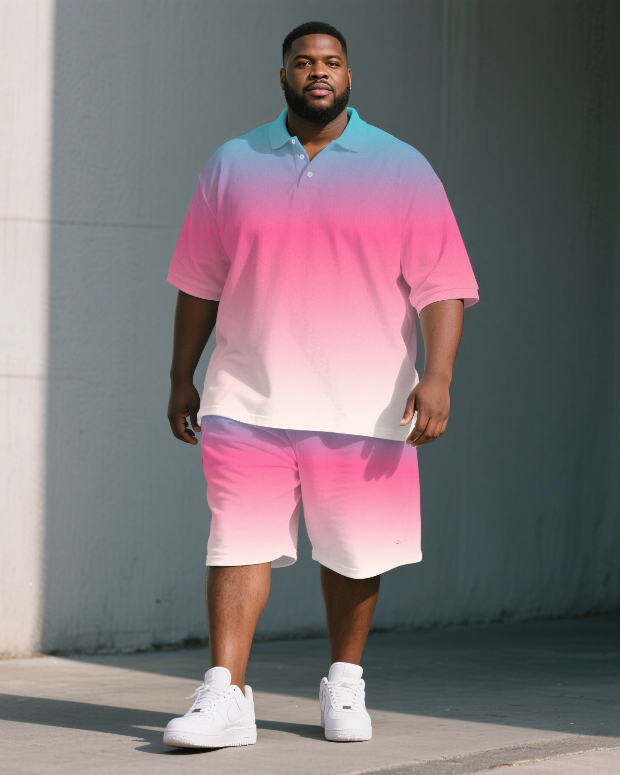 Big & Tall Blue Pink Gradient Polo Shorts Set for big men view 1