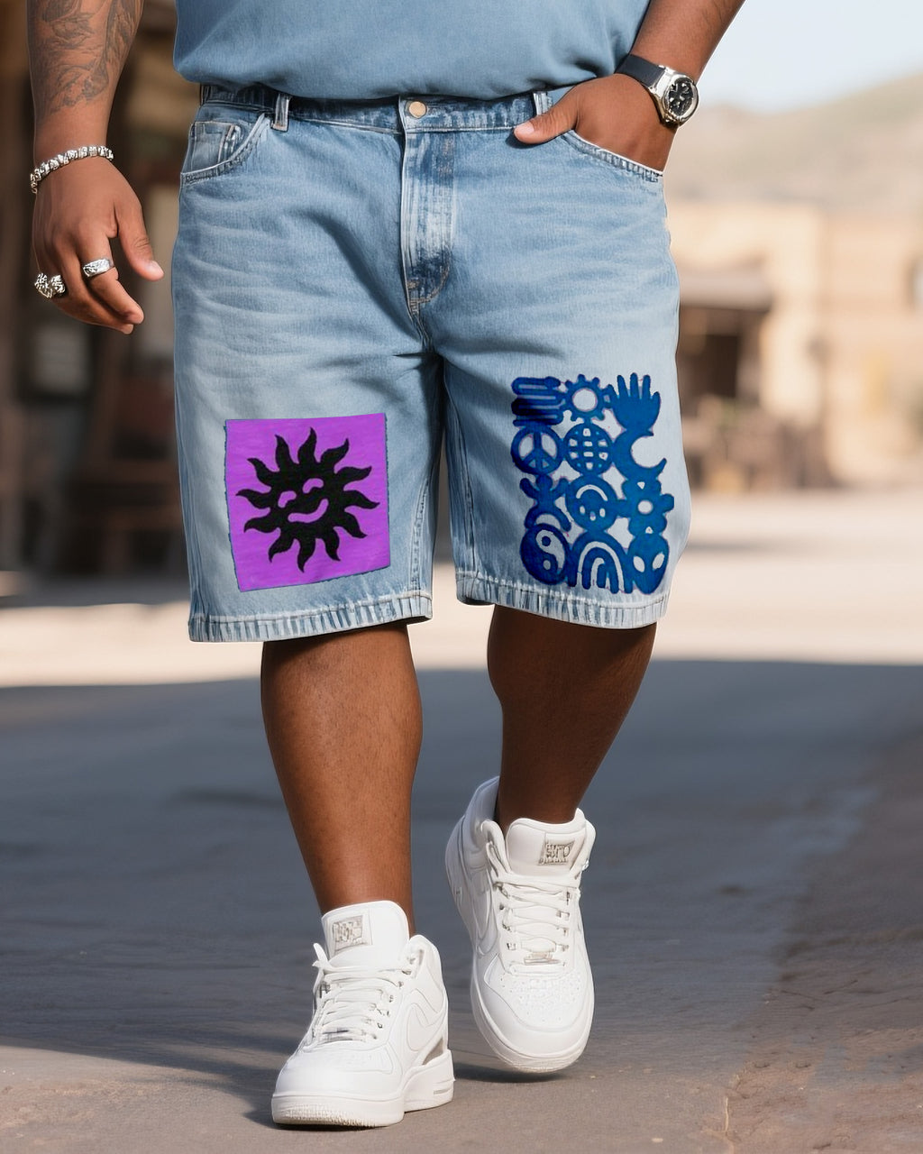Big & Tall Denim Graphic Streetwear Polo Shorts Set for big men view 3