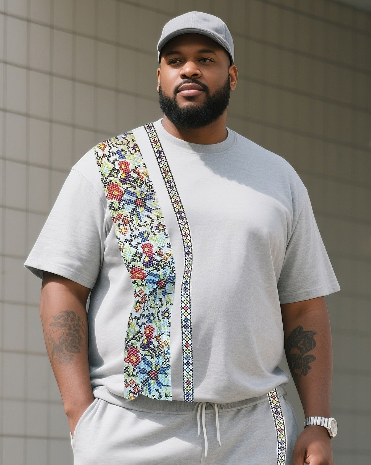Big & Tall Gray Striped Graphic T-Shirt Shorts Set for big men view 2