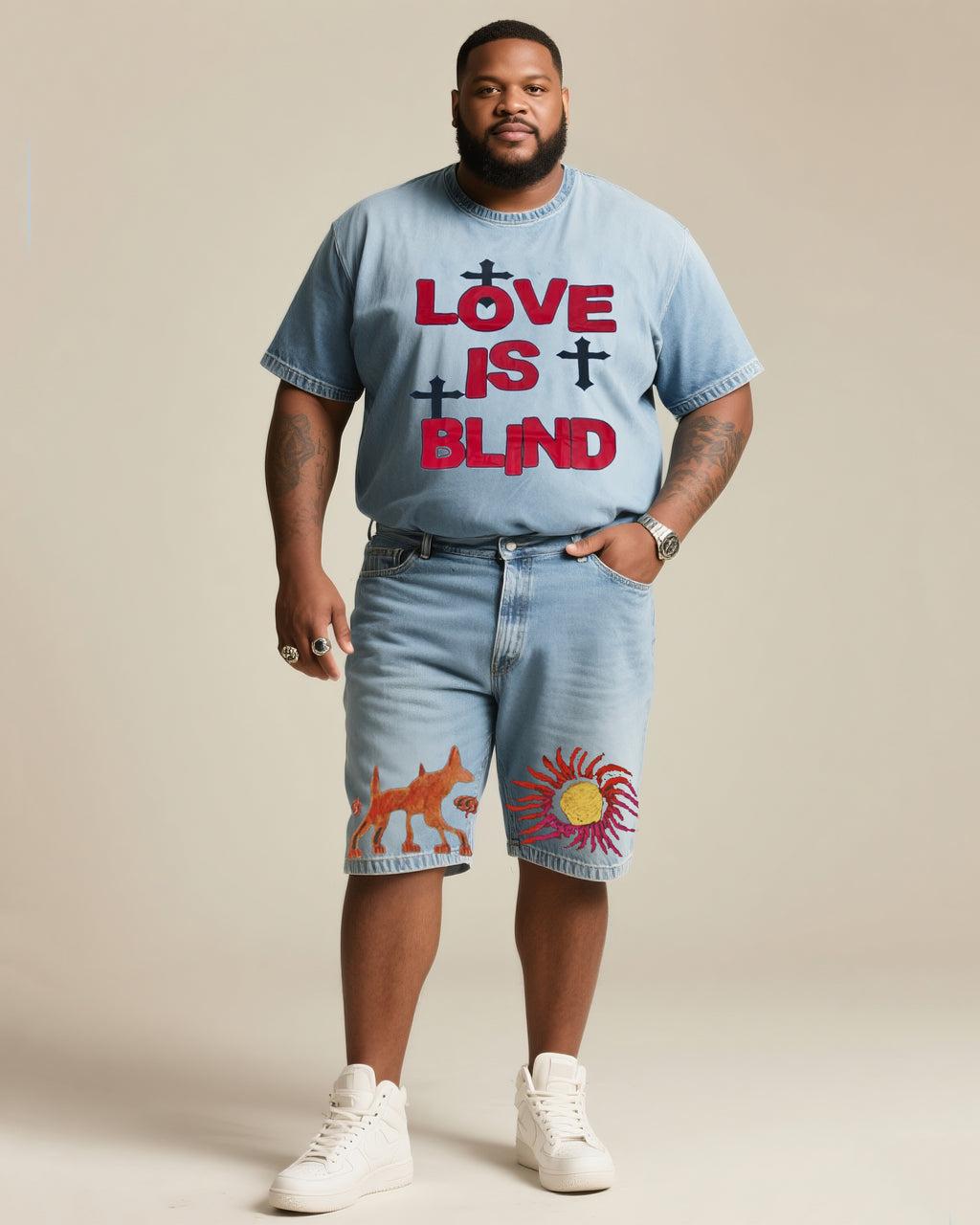 Big & Tall Denim Graphic T-Shirt Shorts Set for big men view 1