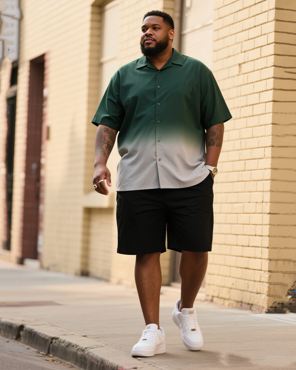 Big & Tall Green Gray Gradient T-Shirt Shorts Set for big men view 1