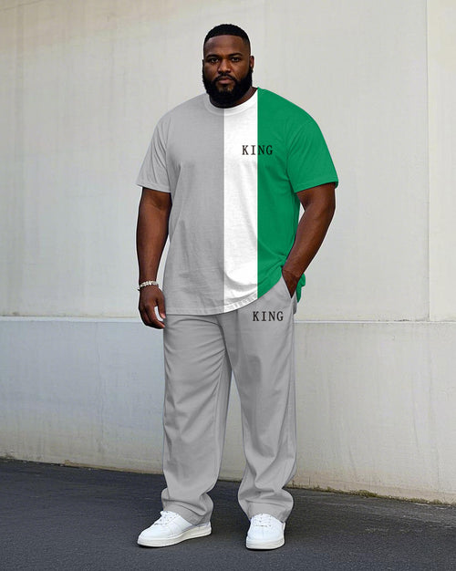 Big & Tall White Green Colorblock T-Shirt Pants Set for big men view 1
