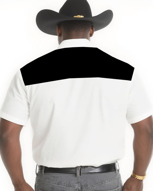 Big and tall white and black Western short sleeve shirt back view