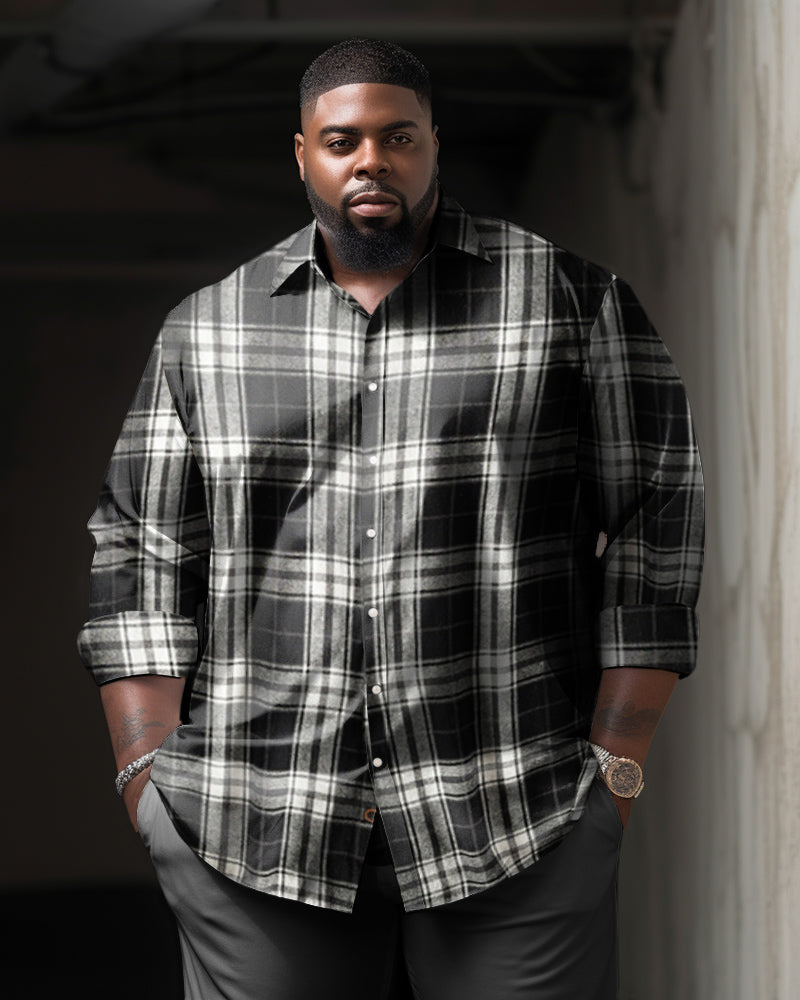 Big & Tall Black White Plaid Long Sleeve Shirt for big men