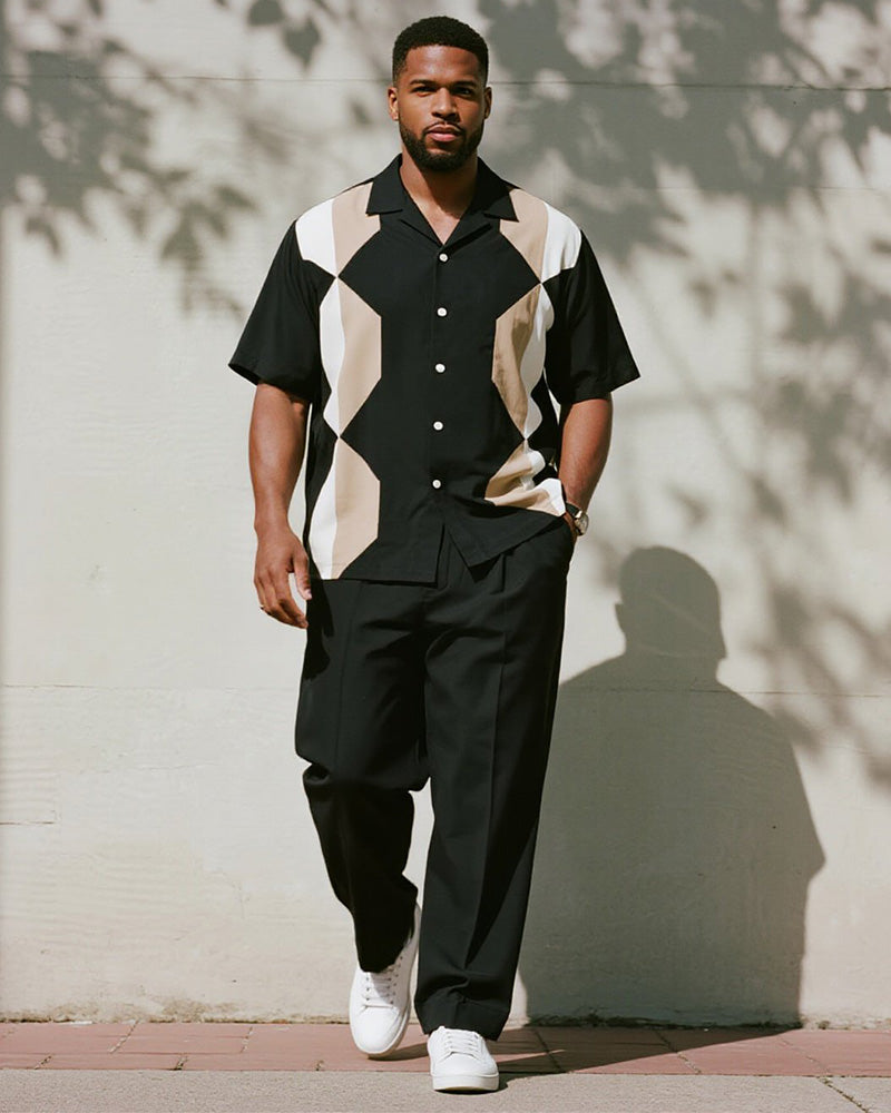 Big & Tall Black Geometric T-Shirt Pants Set for big men view 1