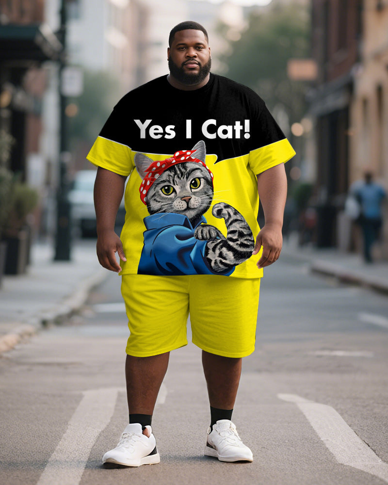 Big & Tall Black Yellow Graphic T-Shirt Shorts Set for big men view 1