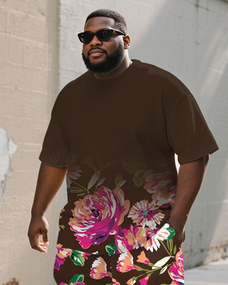 Big & Tall Brown Gradient Graphic T-Shirt Shorts Set for big men view 2