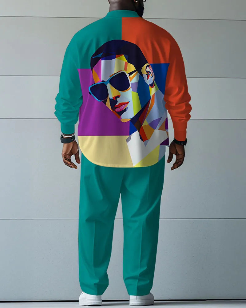 Big & Tall Red Green Colorblock T-Shirt Pants Set for big men view 4