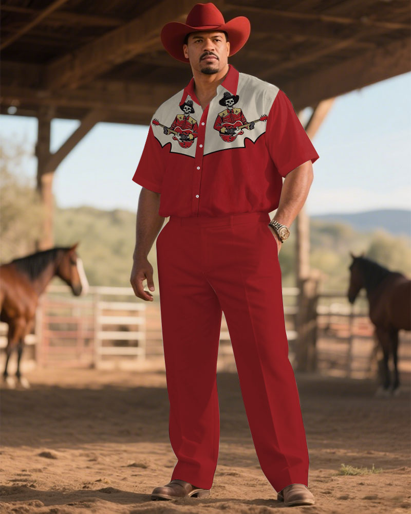 Big & Tall Red Western Denim T-Shirt Pants Set for big men view 1
