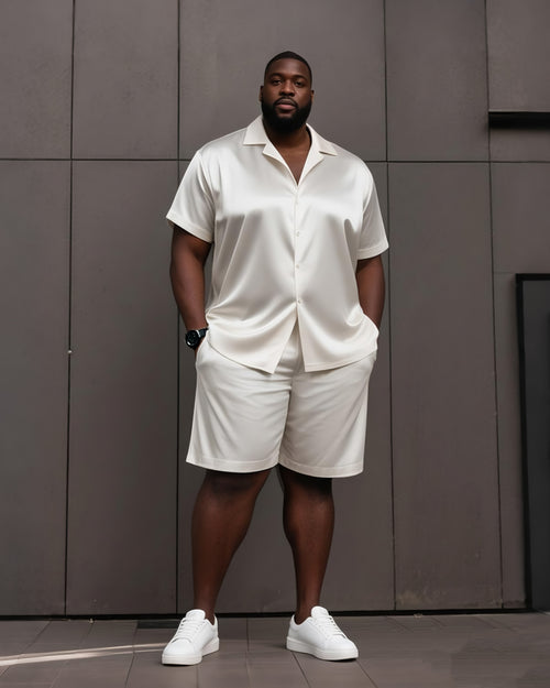 Big and tall white short-sleeve open-collar shirt and matching shorts set front view