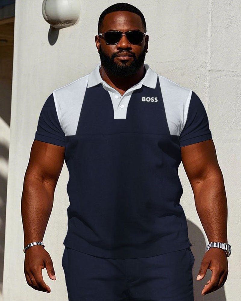 Big & Tall Blue Hawaiian Colorblock Polo Shorts Set for big men view 2