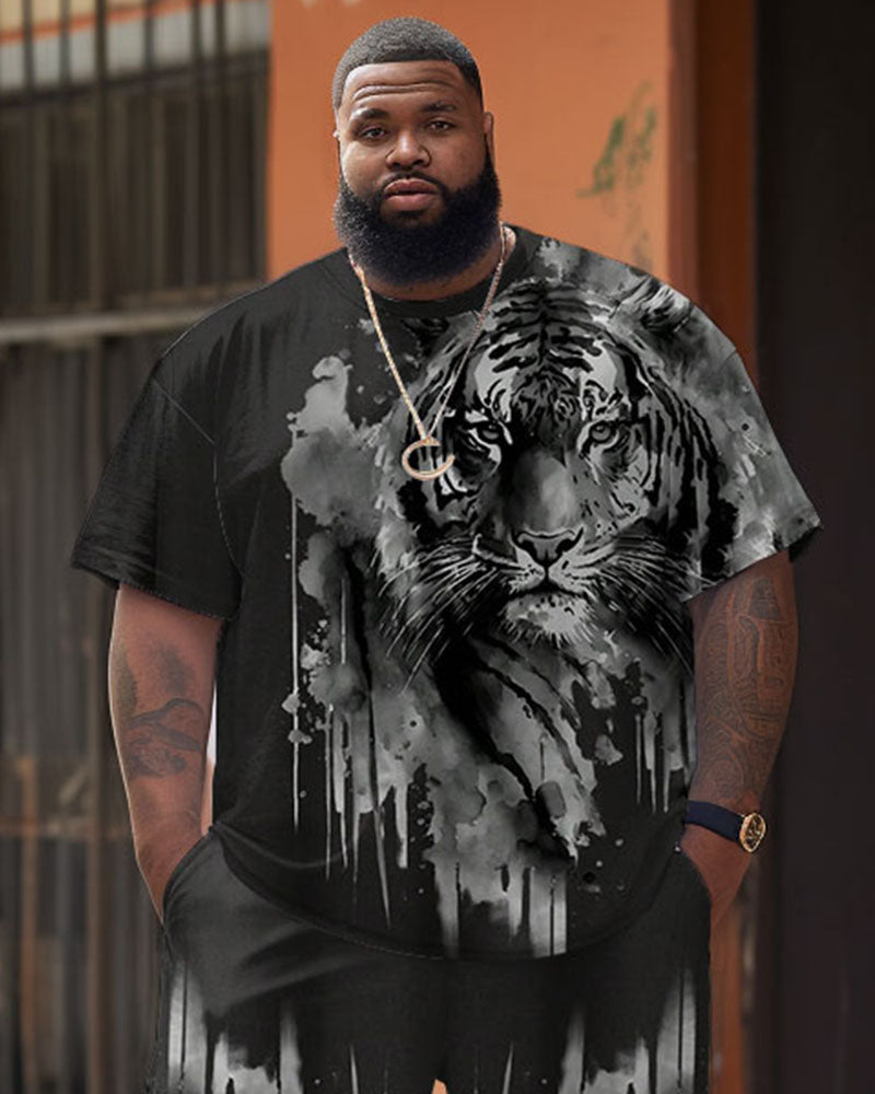 Big & Tall Black White Graphic T-Shirt Shorts Set for big men view 2