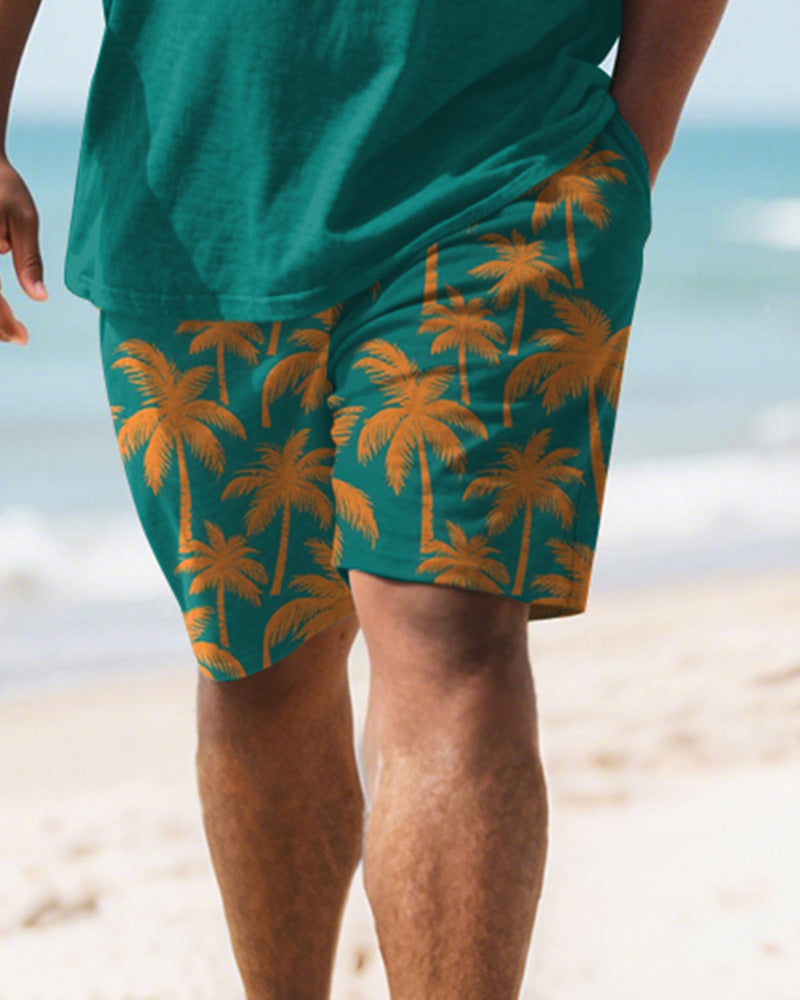 Big & Tall Green Hawaiian Graphic T-Shirt Shorts Set for big men view 3