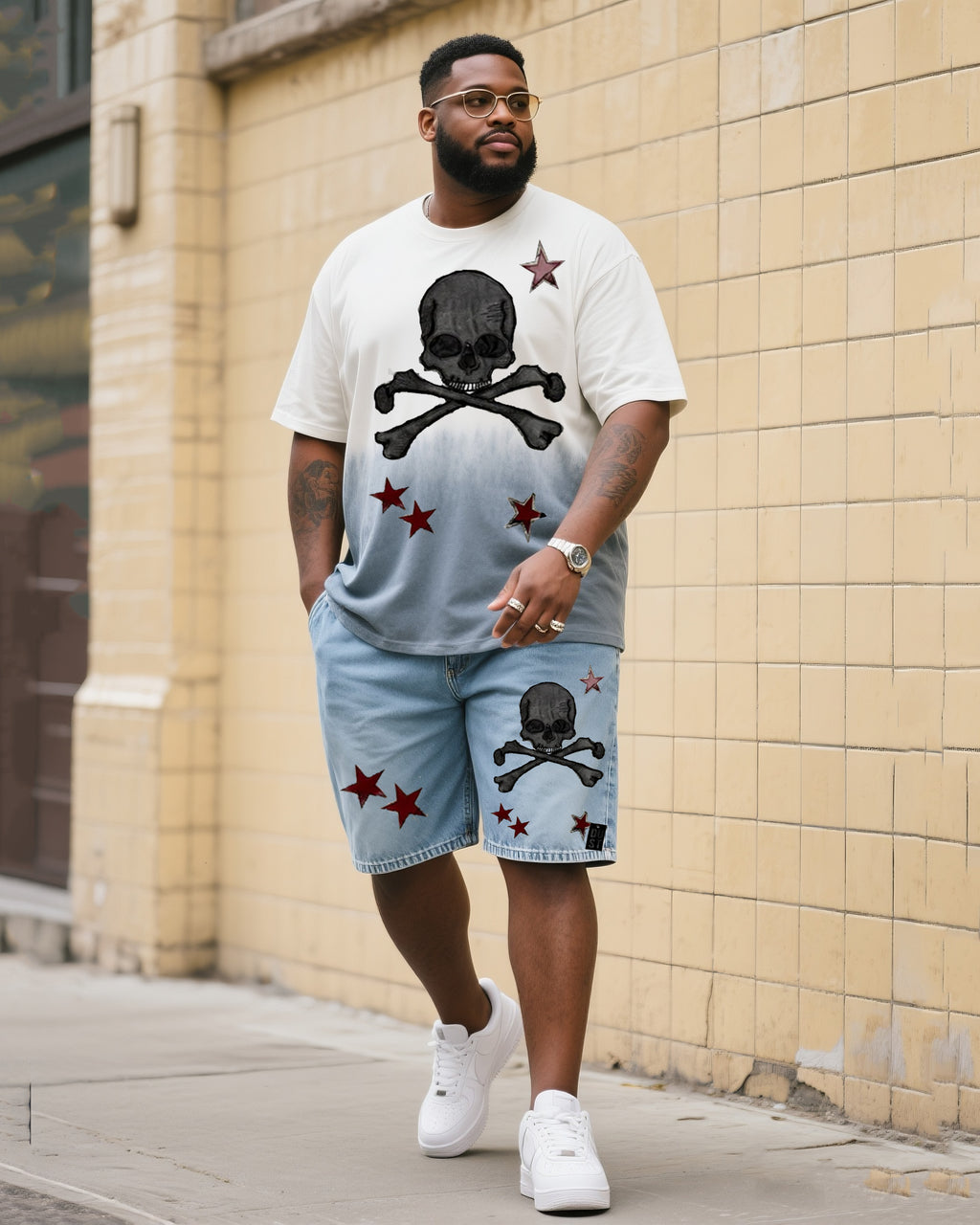 Big & Tall Denim Gradient T-Shirt Shorts Set for big men view 1