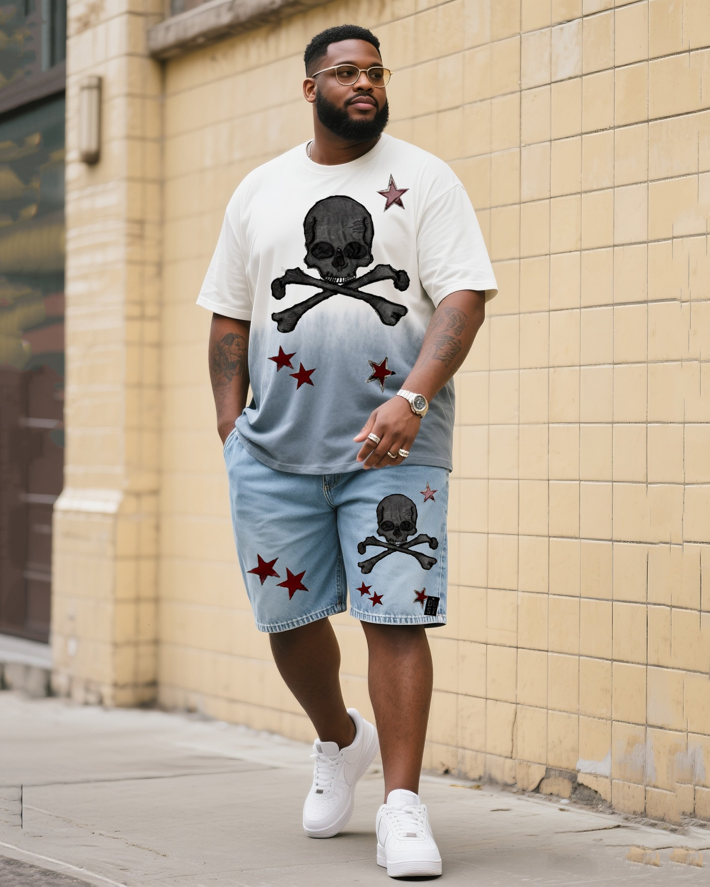 Big & Tall Denim Gradient T-Shirt Shorts Set for big men view 1