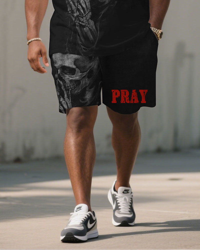 Big & Tall Black Graphic Skull T-Shirt Shorts Set for big men view 3