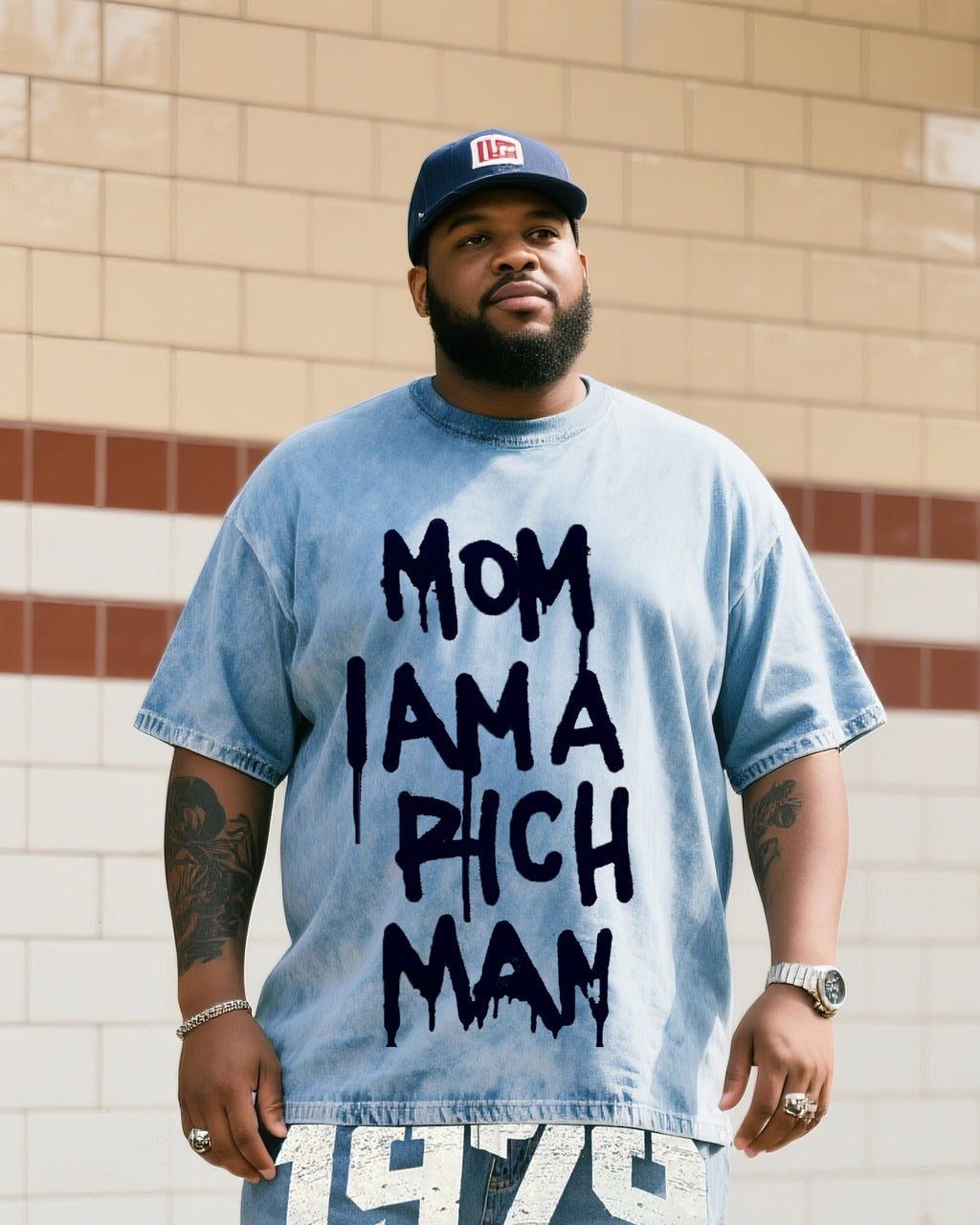 Big & Tall Denim Graphic T-Shirt Shorts Set for big men view 2