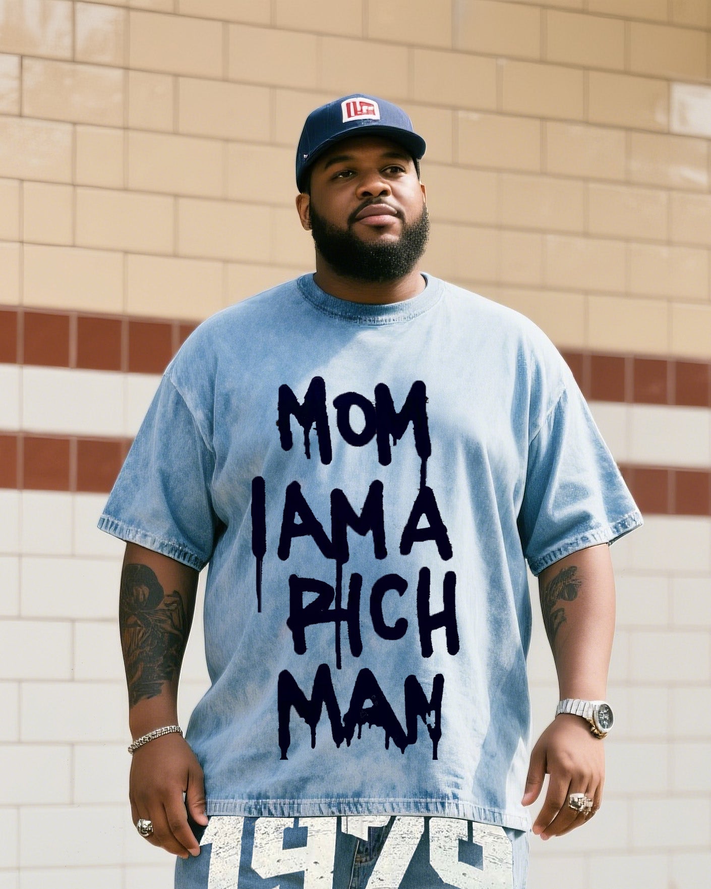 Big & Tall Denim Graphic T-Shirt Shorts Set for big men view 2