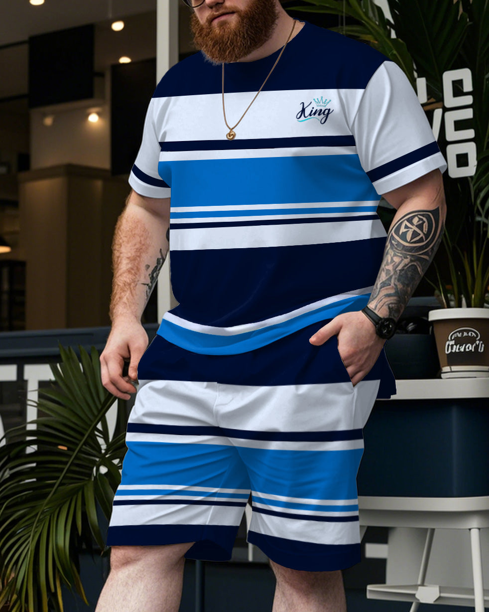 Big & Tall Blue Striped Graphic T-Shirt Shorts Set for big men view 1