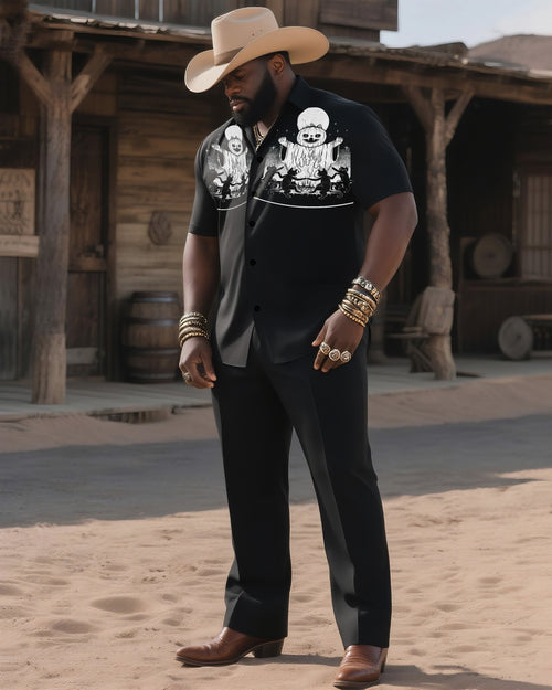 Big & Tall Black Western Graphic T-Shirt Pants Set for big men view 1