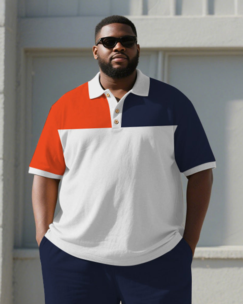 Big & Tall Blue Orange Colorblock Polo Shorts Set for big men view 2