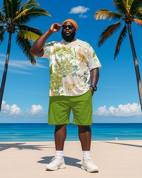 Big & Tall Green Hawaiian Graphic T-Shirt Shorts Set for big men view 1