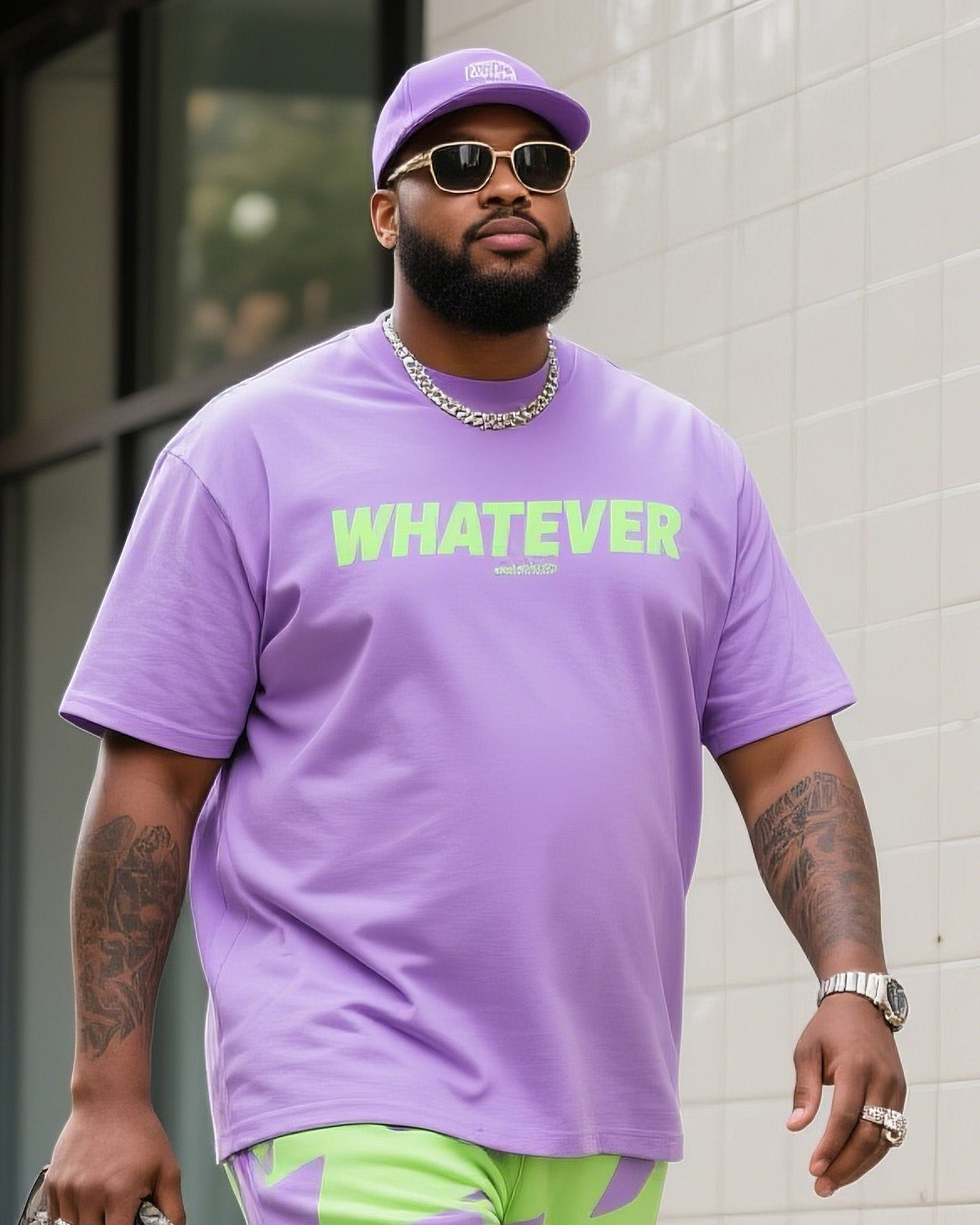 Big & Tall Purple Green Streetwear Two-piece Set for big men view 3