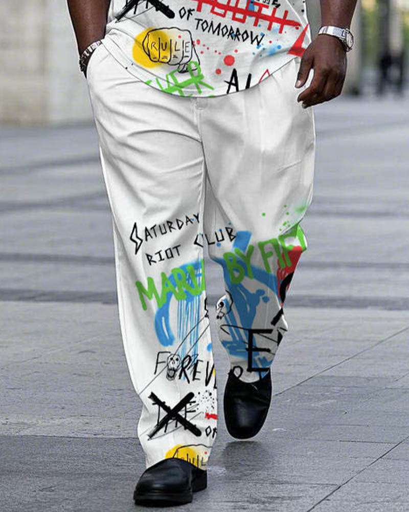 Big & Tall White Graphic Graffiti T-Shirt Pants Set for big men view 3