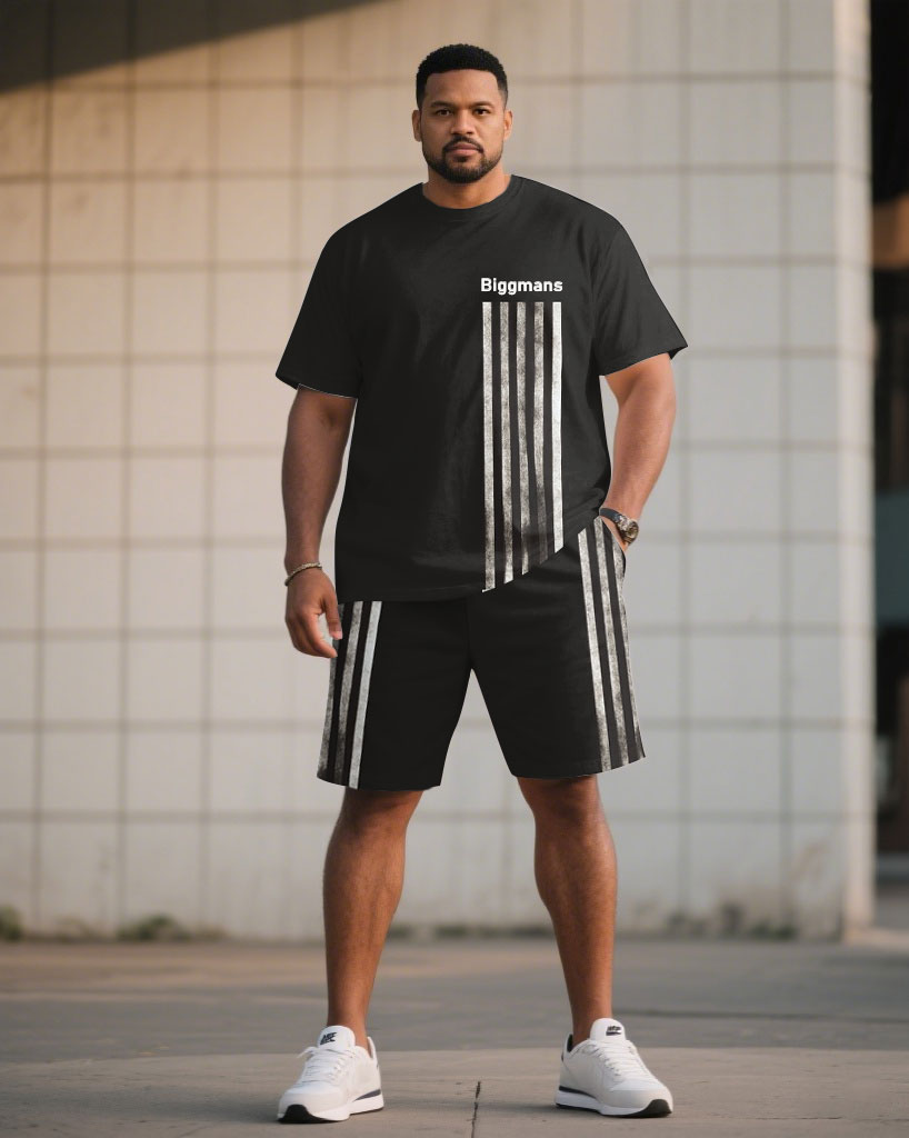 Big & Tall Black Striped T-Shirt Shorts Set for big men view 1