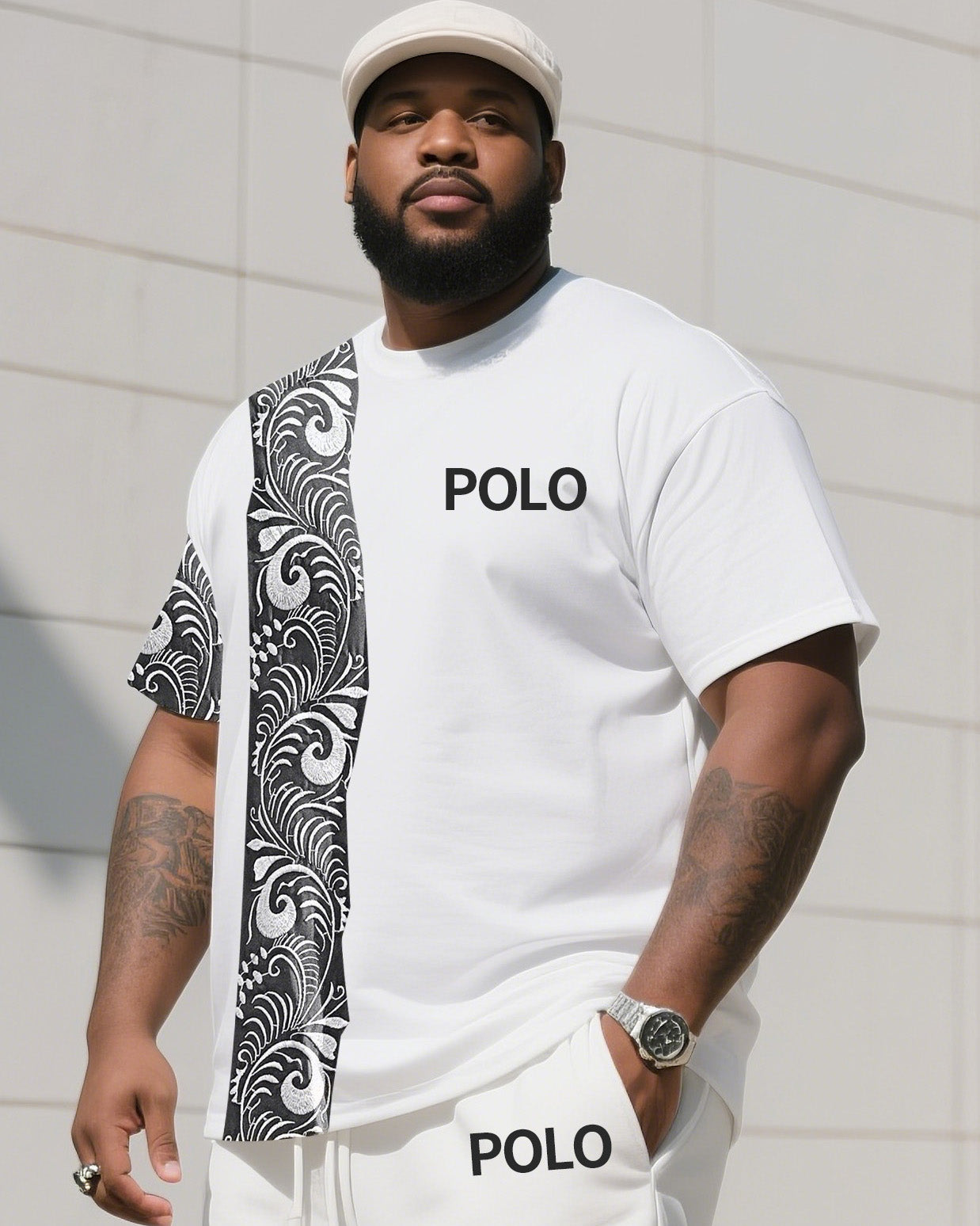 Big & Tall White Striped Graphic T-Shirt Shorts Set for big men view 2