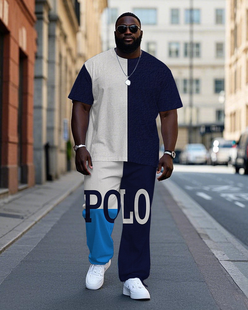 Big & Tall Blue Colorblock Graphic T-Shirt Pants Set for big men view 1