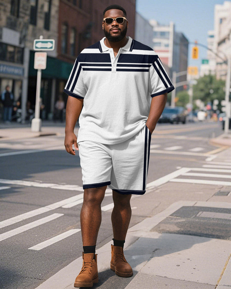 Big & Tall Blue Striped Graphic Polo Shorts Set for big men view 1