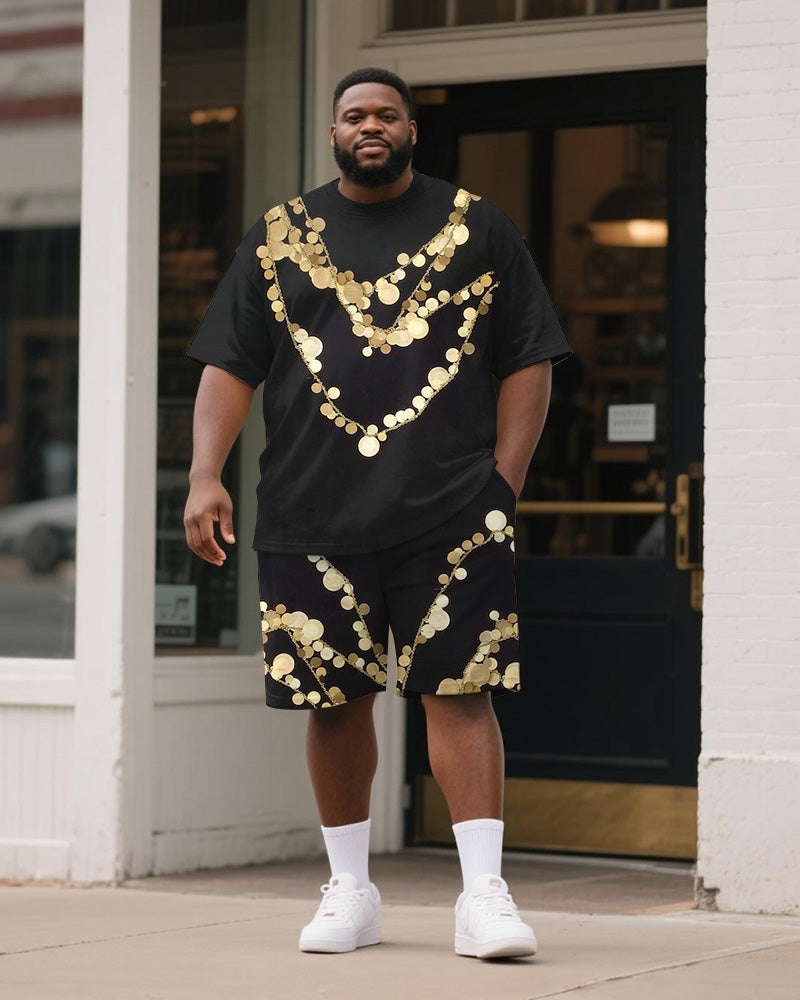 Big & Tall Black Geometric Graphic T-Shirt Shorts Set for big men view 1