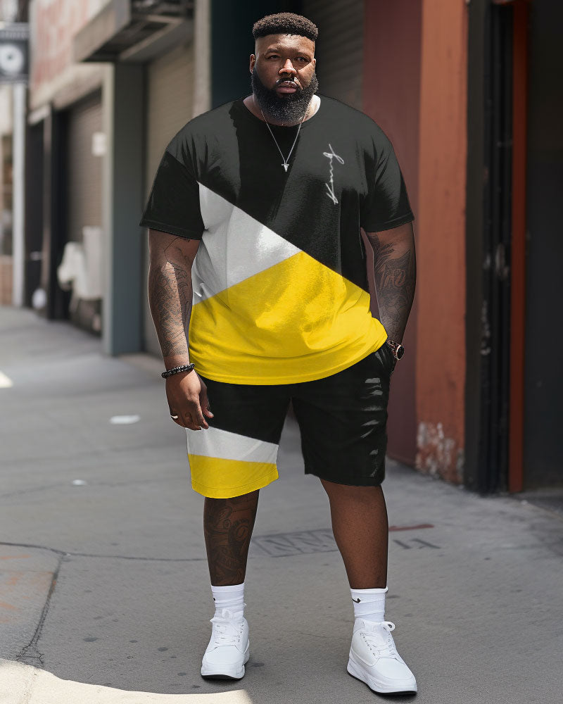Big & Tall Patchwork Streetwear T-Shirt Shorts Set for big men view 1