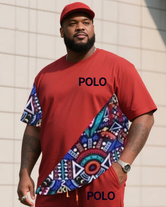 Big & Tall Red Patchwork Two-piece Set for big men view 2