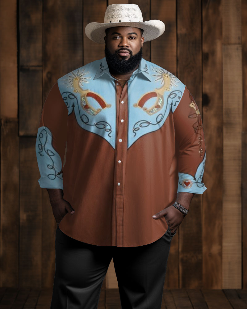 Big & Tall Western Denim Graphic Long Sleeve Shirt for big men