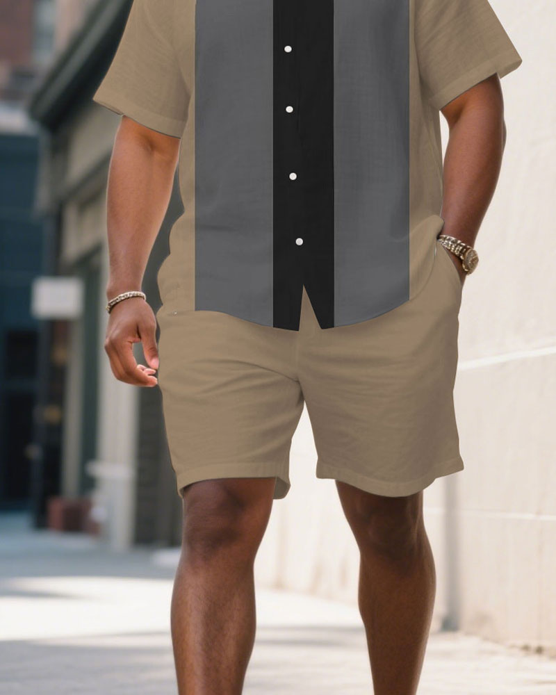 Big & Tall Black Khaki Colorblock T-Shirt Shorts Set for big men view 3