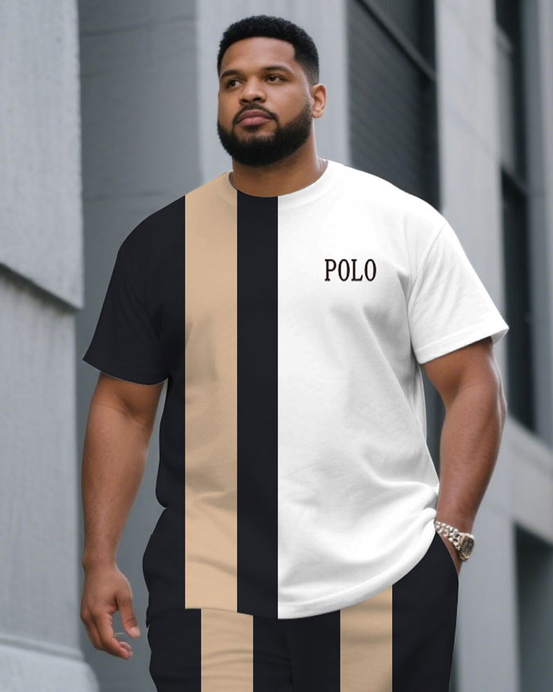 Big & Tall Black White Colorblock T-Shirt Shorts Set for big men view 2