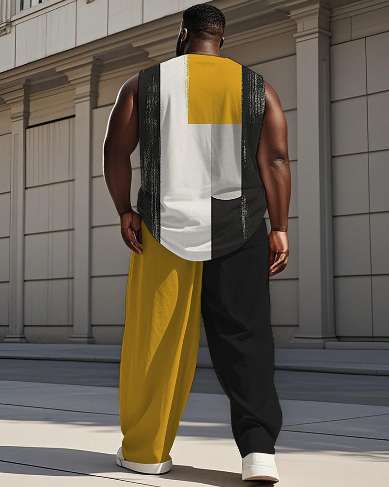 Big & Tall Black Yellow Colorblock Vest Pants Set for big men view 4