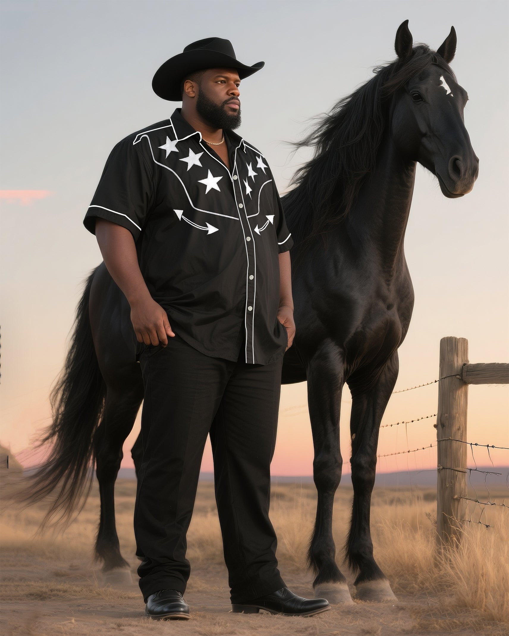 Big & Tall Black Western T-Shirt Pants Set for big men view 1