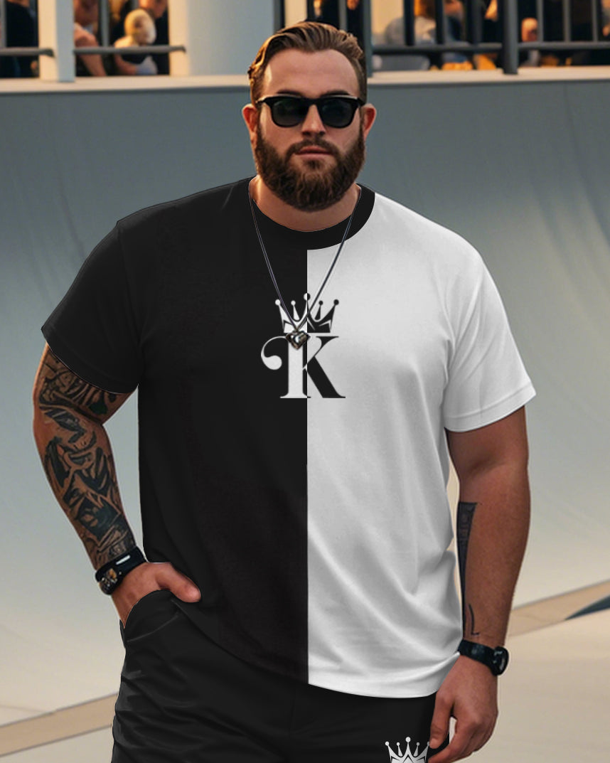 Big & Tall Black White Graphic T-Shirt Shorts Set for big men view 2