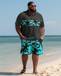 Big & Tall Black Hawaiian Graphic T-Shirt Shorts Set for big men view 2